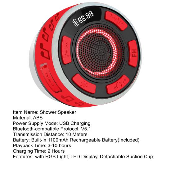 RGB Işıklı LED Ekranlı IPX7 Su Geçirmez Duş Hoparlörü Çıkarılabilir Vantuzlu Stereo Ses Banyo Bluetooth Uyumlu Kablosuz Hoparlör