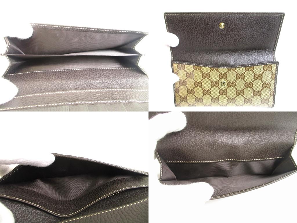 Authentic GUCCI Beige GG Coating Canvas Dark Brown Leather Flap Wallet #a997  Refurbished