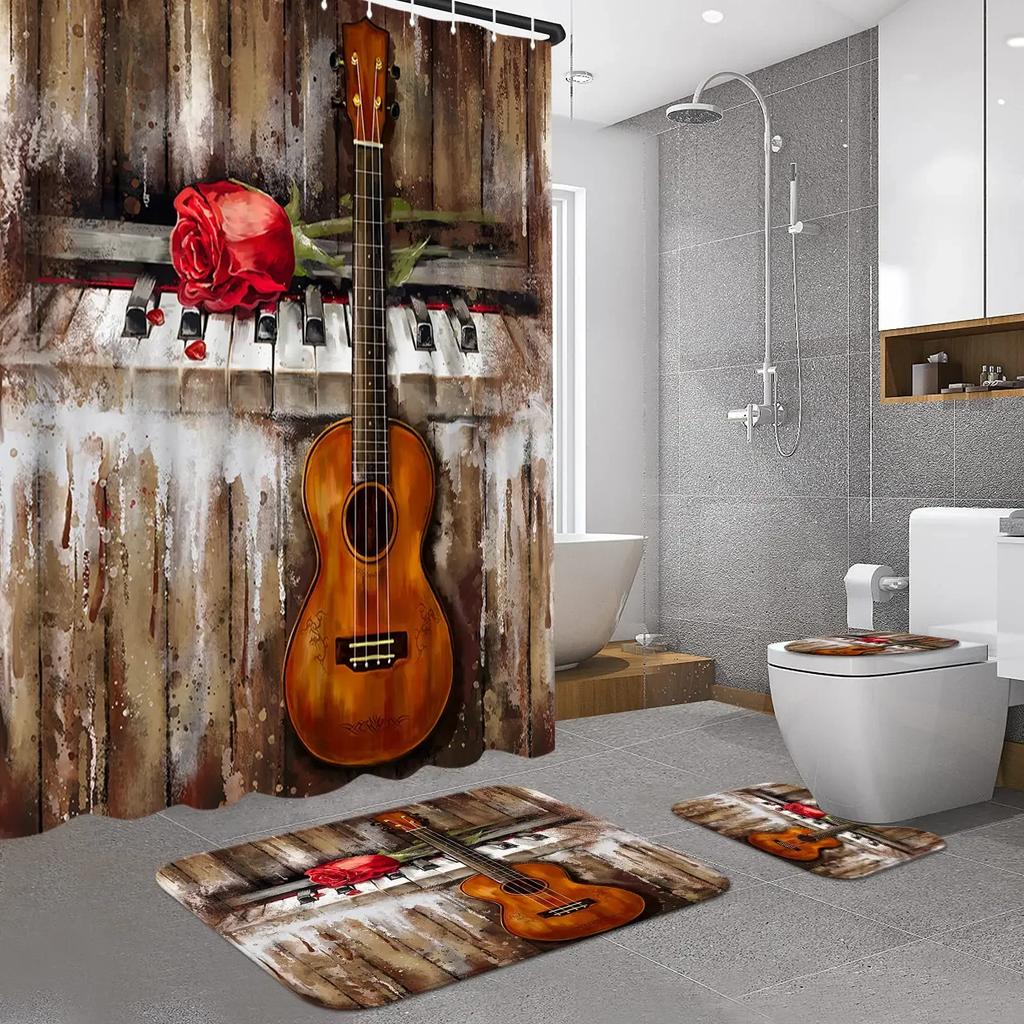 4Pcs Fire Burning Electric Guitar Shower Curtain Sets, Stone Wall Modern Bathroom Sets Waterproof,Non-Slip Bath Rugs Toilet Mat