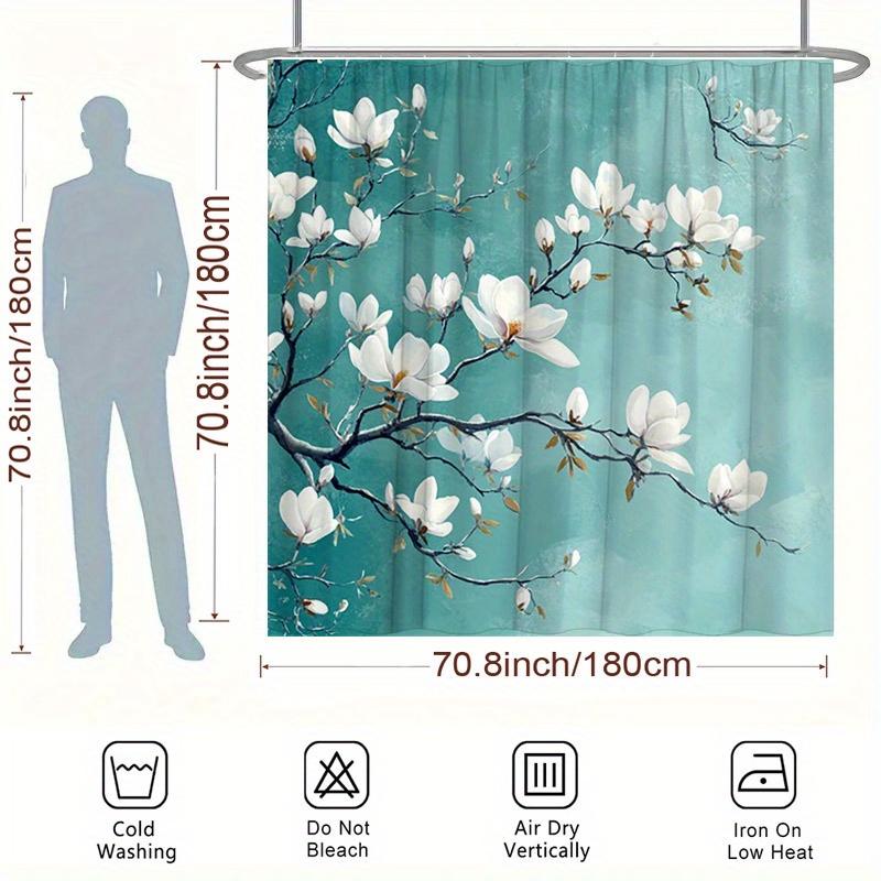 1pc White Magnolia Branch Shower Curtain - Soft Teal Gradient, Polyester, 70.8x70.8In, 12 Hooks, Washable & Durable