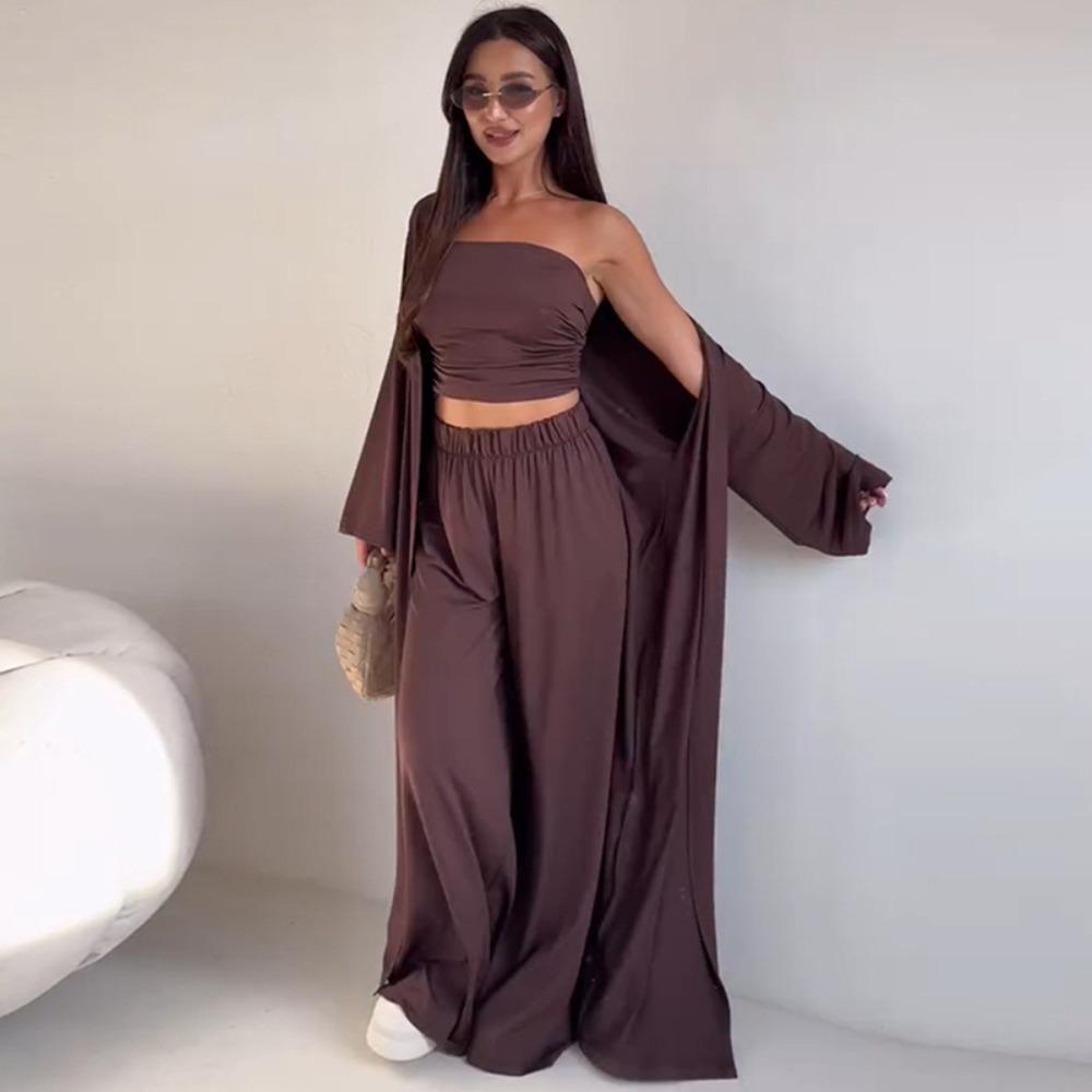 Women 3 Piece Sets Off Shoulder Sleeveless Cropped Tank Top Long Cardgian Elastic Wide Leg Pant Female Suit Summer Lady Outfits