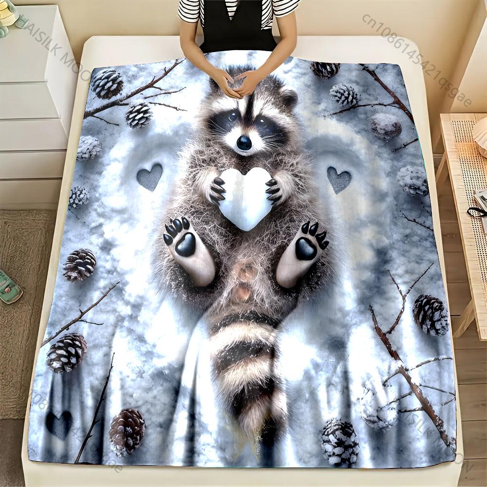 1PC Raccoon holding heart in snow pattern Blanket Flannel Material Soft Warm for All Seasons,For Home Outdoor Camping Picnics RV