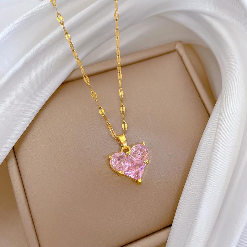 Light Luxury Peach Heart Temperament Full Of Zirconium Inlaid Real Gold Necklace Women'S Transfer Collarbone Chain With Jewelry