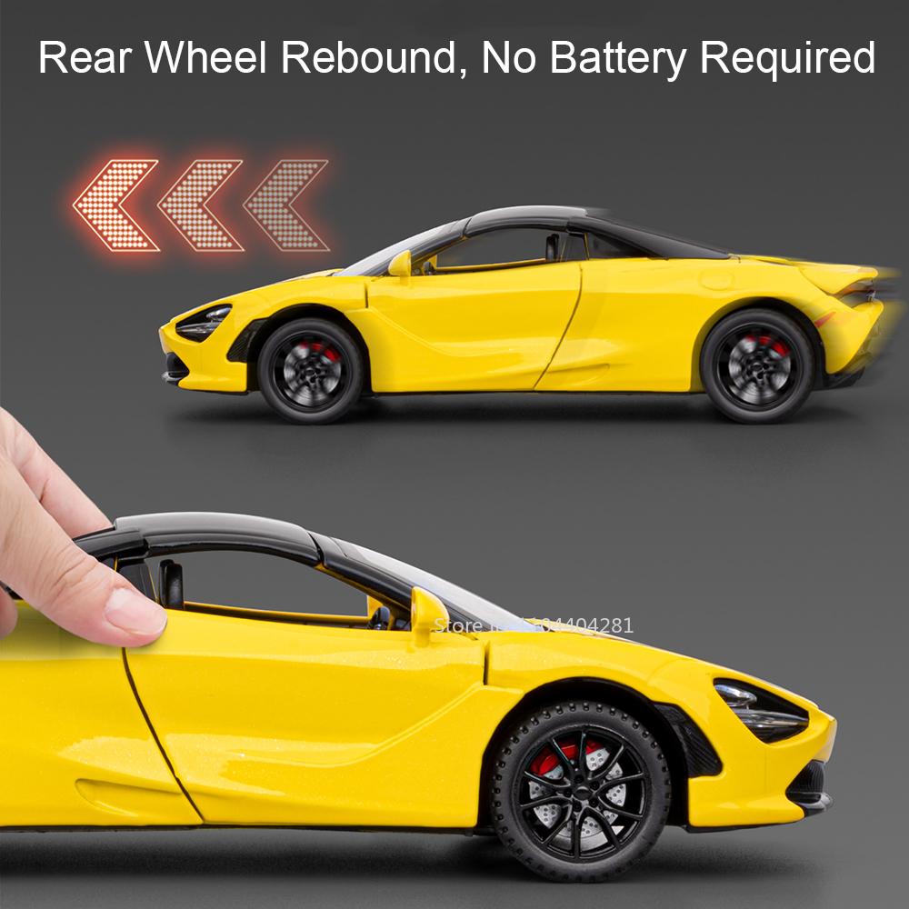 1: 32 Scale 720S Alloy Model Toys Diecast Car Doors Opened Sound Light Pull Back Miniature Vehices Desktop Collection Ornaments