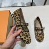 Sheepskin Version~ Korean Version of Niche Leopard Print Leather One-word Buckle Single Shoes Women's Flat Grandma Shoes Ballet Mary Jane Shoes