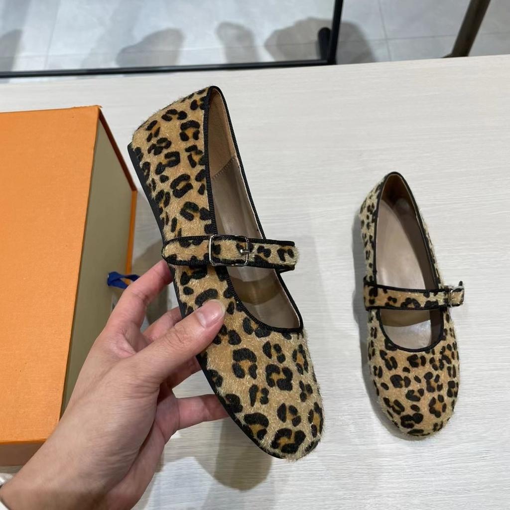 Sheepskin Version~ Korean Version of Niche Leopard Print Leather One-word Buckle Single Shoes Women's Flat Grandma Shoes Ballet Mary Jane Shoes