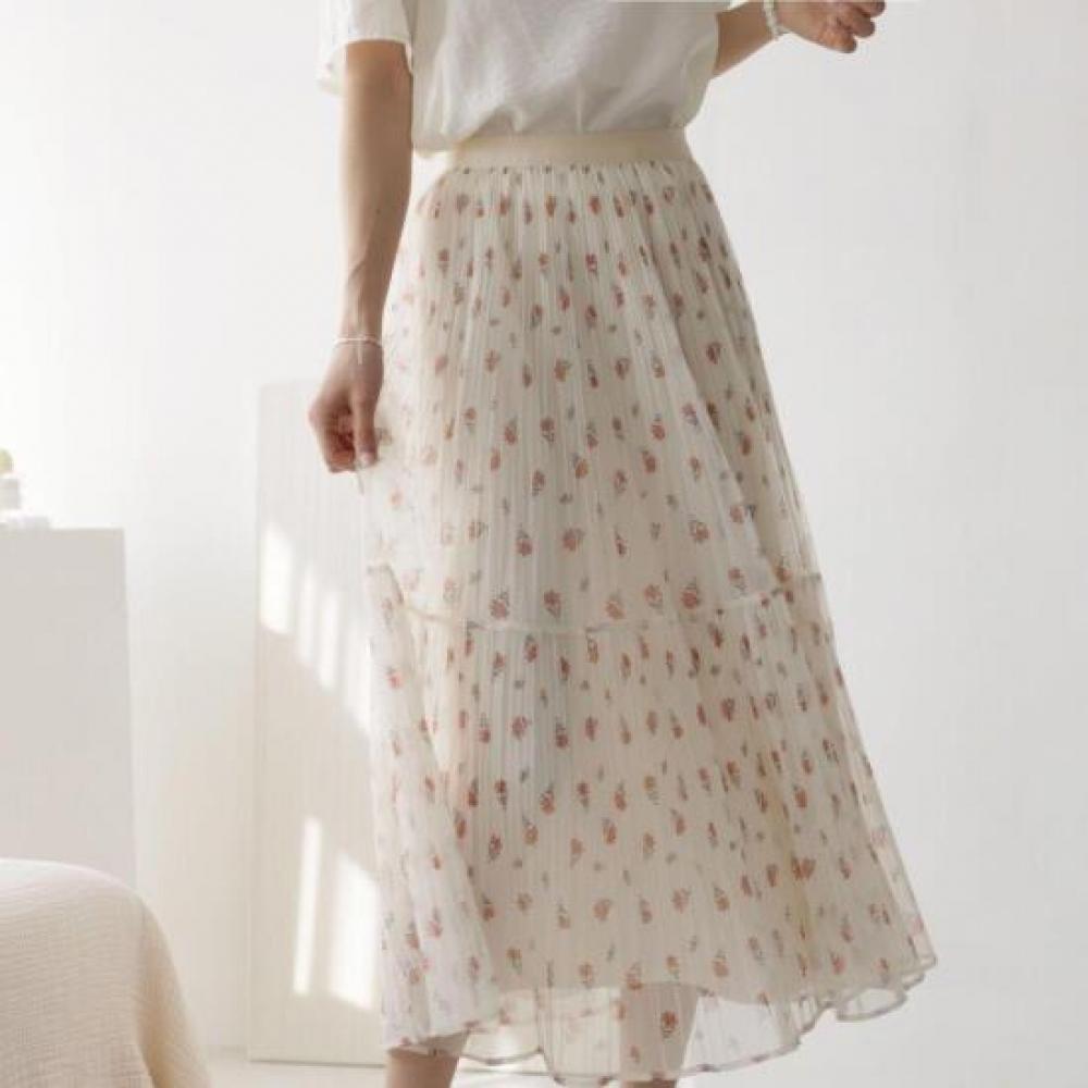 New Arrivals Open Run Women Spring Floral Pleated Chiffon Long Skirt
