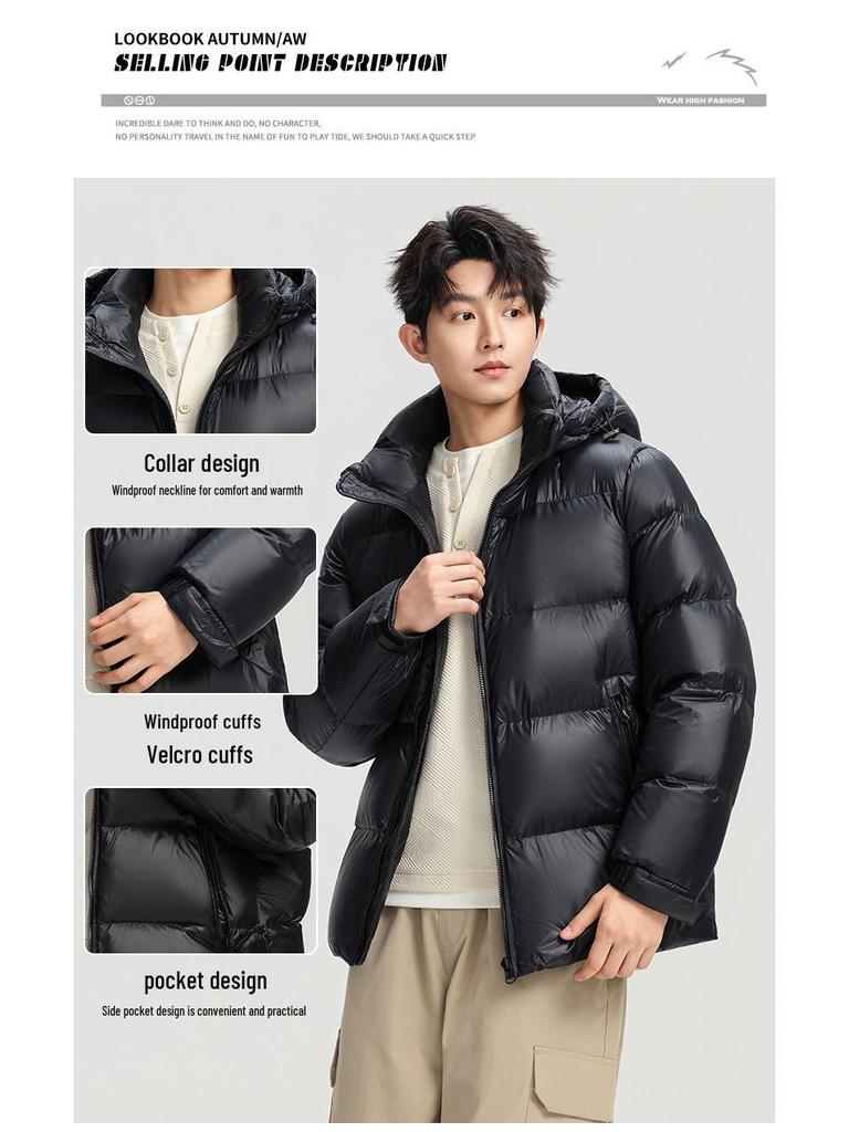 Men's Unisex Windproof Winter Down Jacket with Detachable Hood, 90% White Duck Down Filling, Warm and Thickened.
