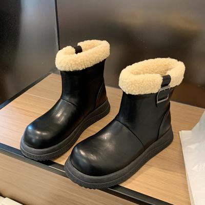 Modne Damskie Futrzane Botki na Platformie do Kostki z Rękawem Okrągły Nosek Niskie Obcasy Damskie Buty Wygodne Antypoślizgowe Rekreacyjne Wsuwane Botki Chelsea