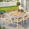 Garden Furniture Set Seating Group 7-Piece Table with 6 Stackable Chairs Wood Look Aluminum Frame Teak