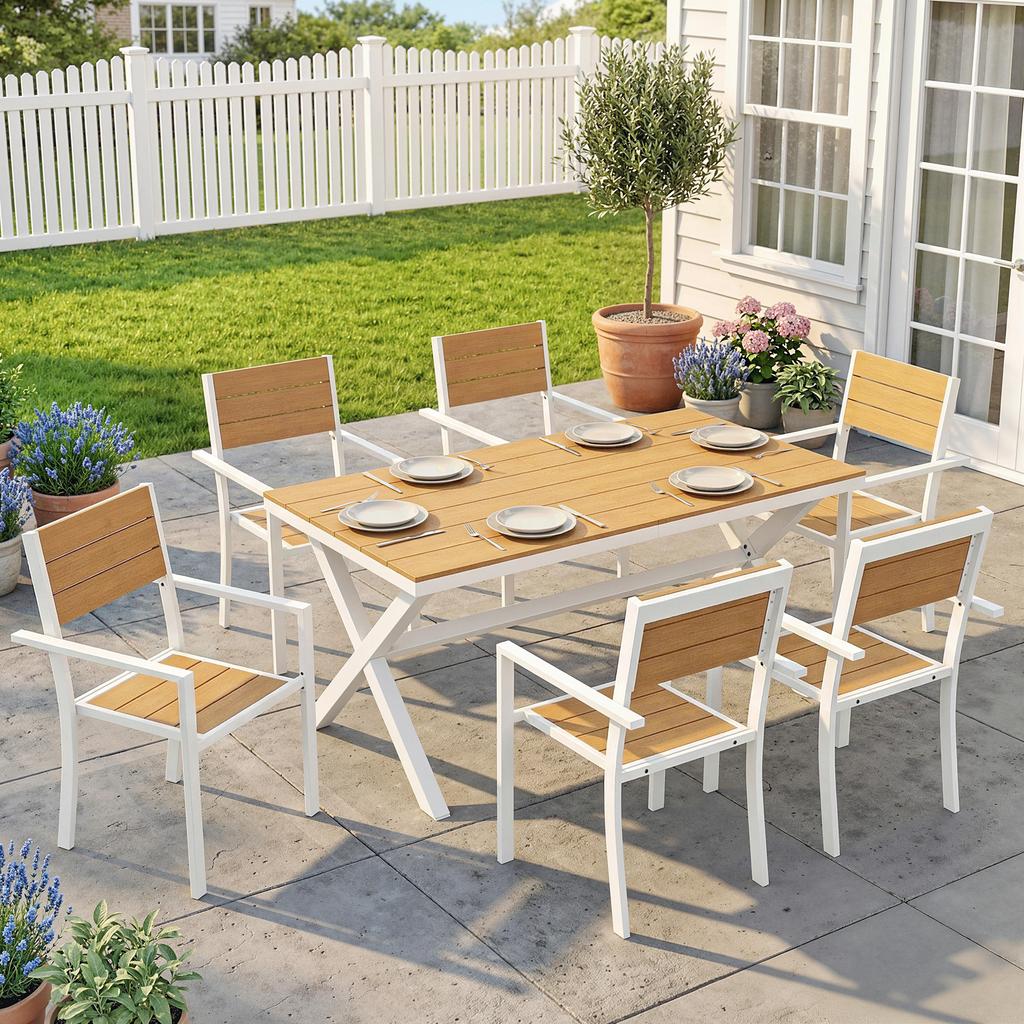 Garden Furniture Set Seating Group 7-Piece Table with 6 Stackable Chairs Wood Look Aluminum Frame Teak