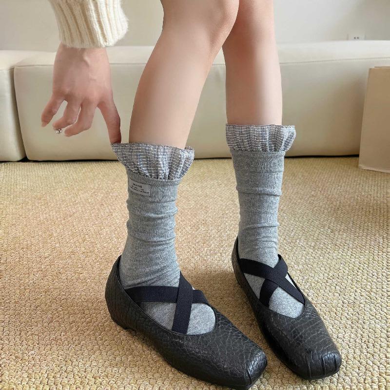 Spring and Summer Women's Cotton Socks with Child-sized Tights, Decorative Edging, Chunky Stripes, Simple Style