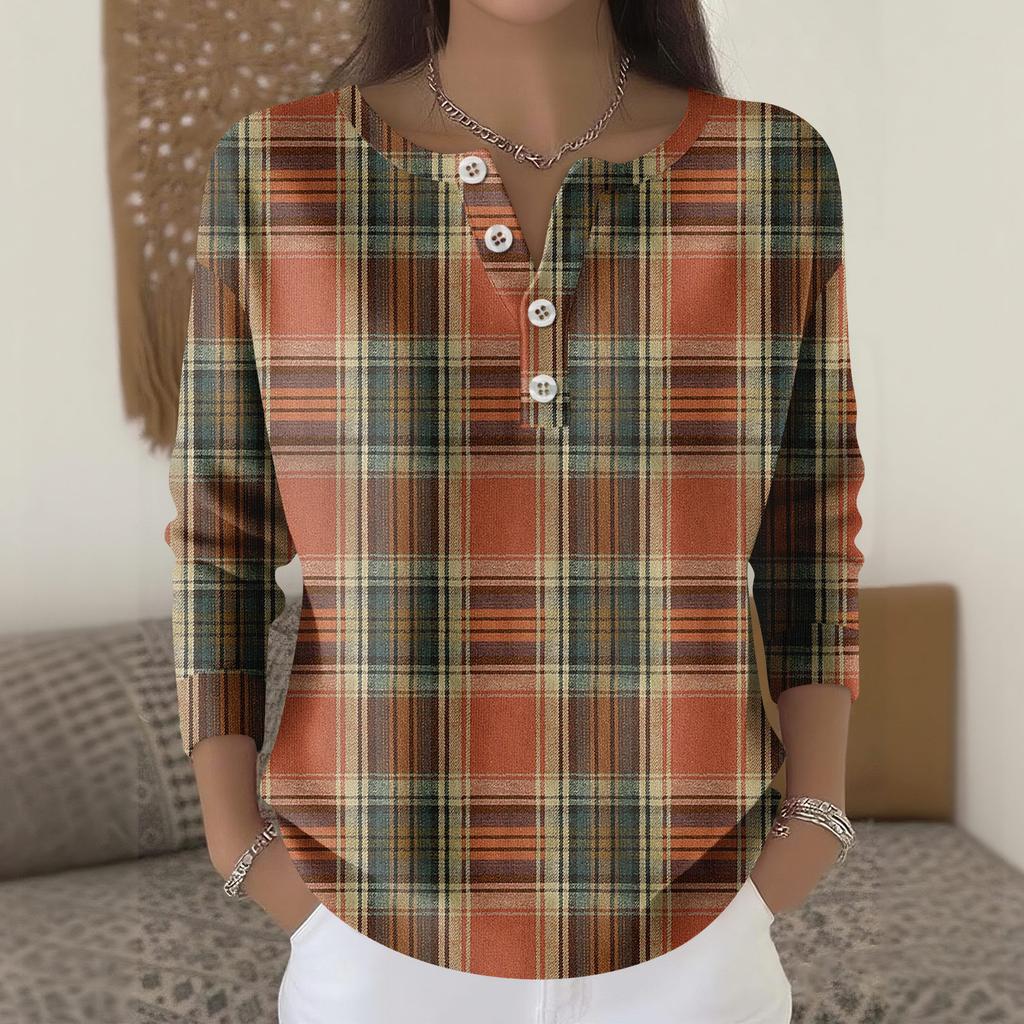 Women's Fashion Long Sleeve Plaid Geometric Print Top Elegant Casual Top