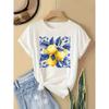 European Size Women'S Casual T-Shirt with Lemon & Blue Leaf Print - Short Sleeve, Round Neck, Lightweight Summer Top