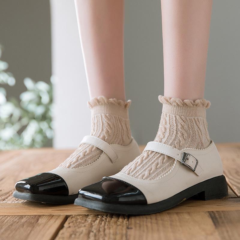Women's Ruffle Edge Cable Knit Cotton Socks - Spring/Summer Japanese Style Short Boat Socks, Lace, Solid Colors.