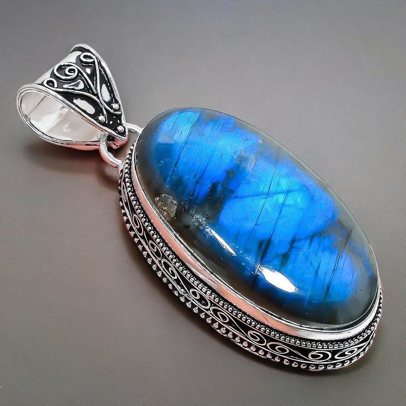 Labradorit Edelstein Handgefertigt 925 Sterlingsilber Schmuck Anhänger 2.17" AH-887