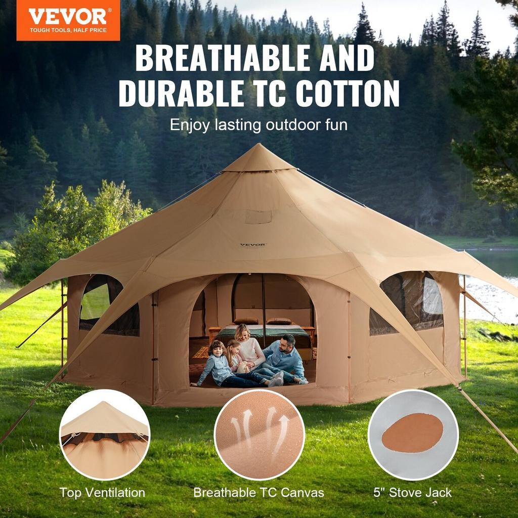 Canvas Tent, 4 Seasons 5 M/16.4 Ft Bell Tent, Canvas Tent for Camping with Stove Jack, Breathable Yurt Tent for Up To 8 People, Family Camping Outdoor