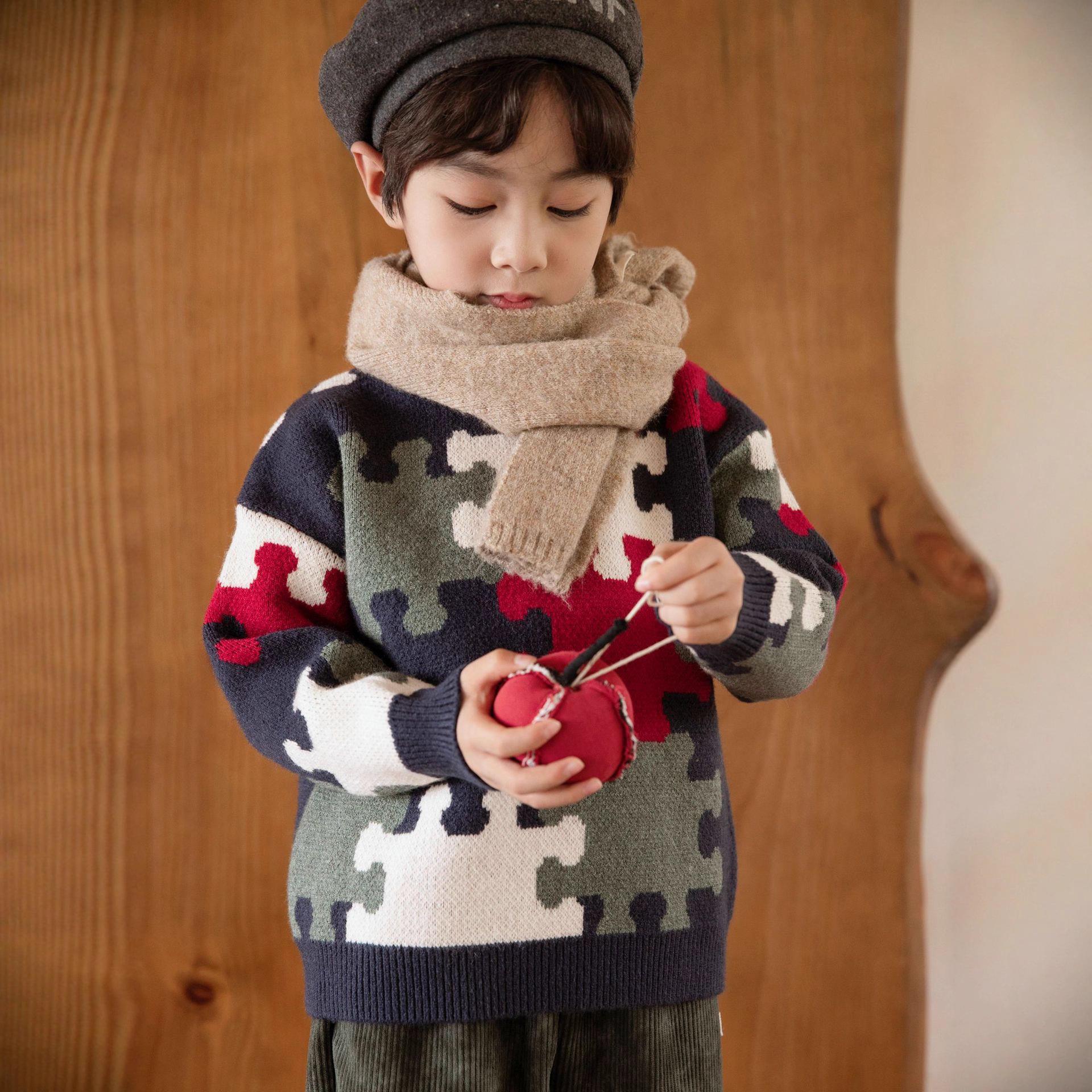 

2025 Boys Crew Neck Jacquard Color Block Winter Sweater Pullover, Thickened Knit - Special Offer 110 cm