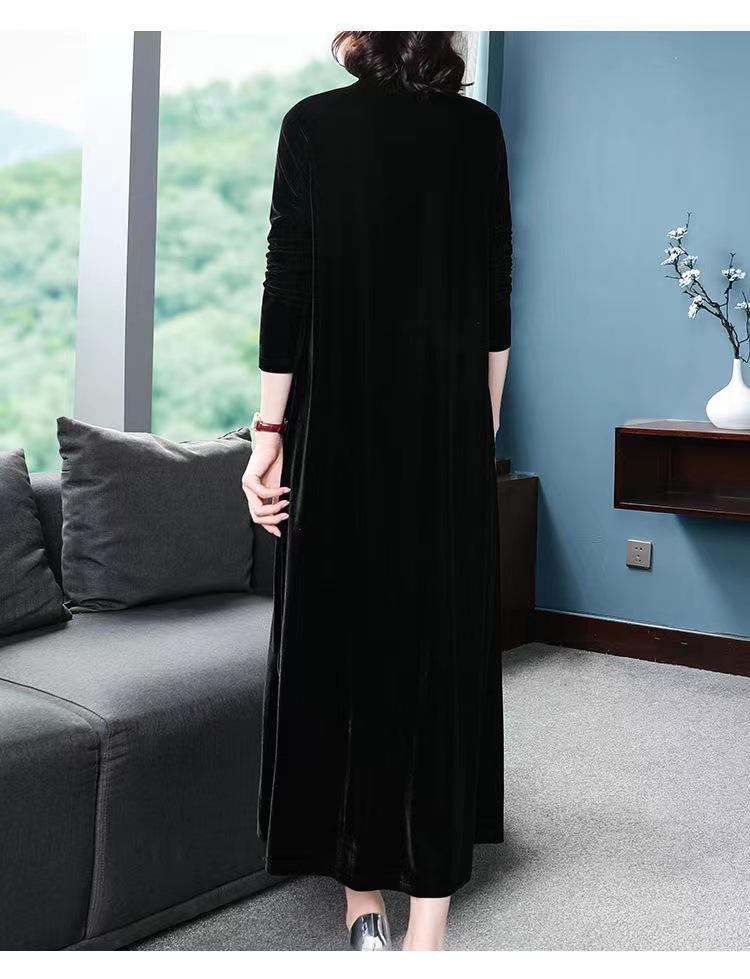 Plus Size Elegant Golden Velvet Knee-Length Dress for Women - Spring & Autumn Style
