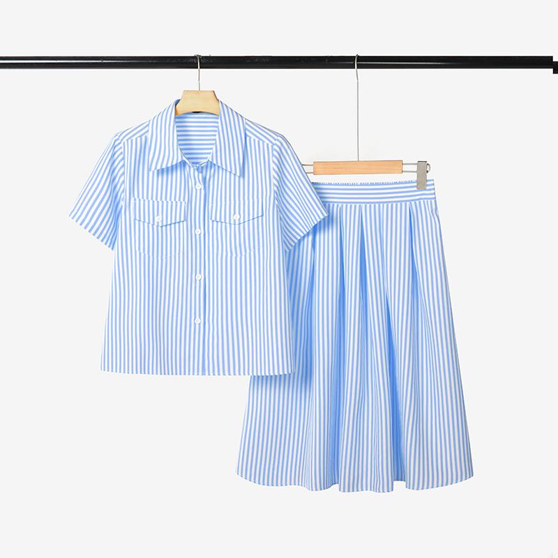 

ZANZEA Женская блузка с коротким рукавом и юбки Летний полосатый костюм-двойка 5XL синий