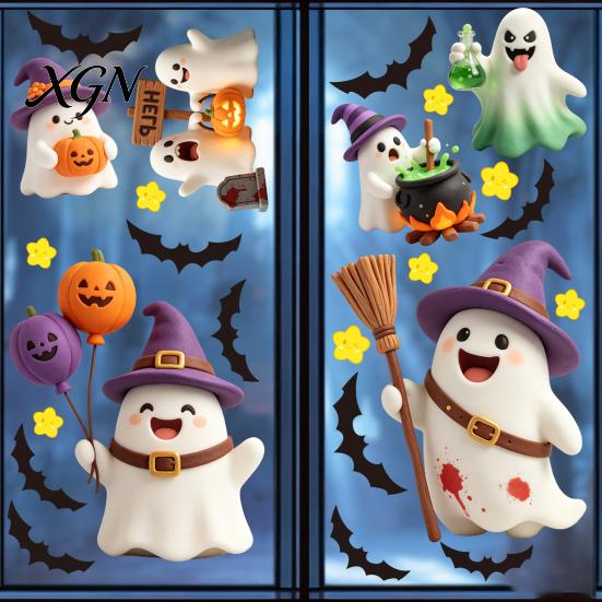 Transparent Window Murals 2Pcs Cute Ghost Halloween Static Stickers, PVC Waterproof Cartoon Pumpkin Bat And Decals Star Glass Decals, Reusable Clings