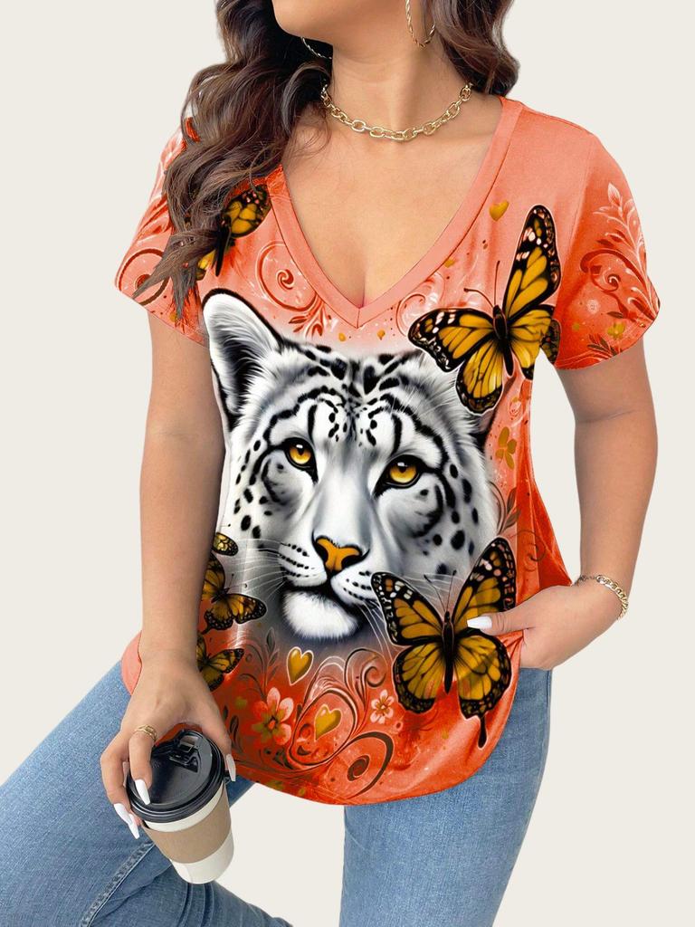 2025 Plus Size Women's V-Neck T-shirt with 3D Animal Print, Short Sleeves: European & American Style Casual Fashion