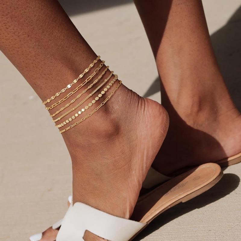 Waterproof Ankle Bracelets for Women Girls, 14K Gold Plated STAINLESS STEE/Alloy 6PCS Anklets Set Dainty Summer Beach Jewelry