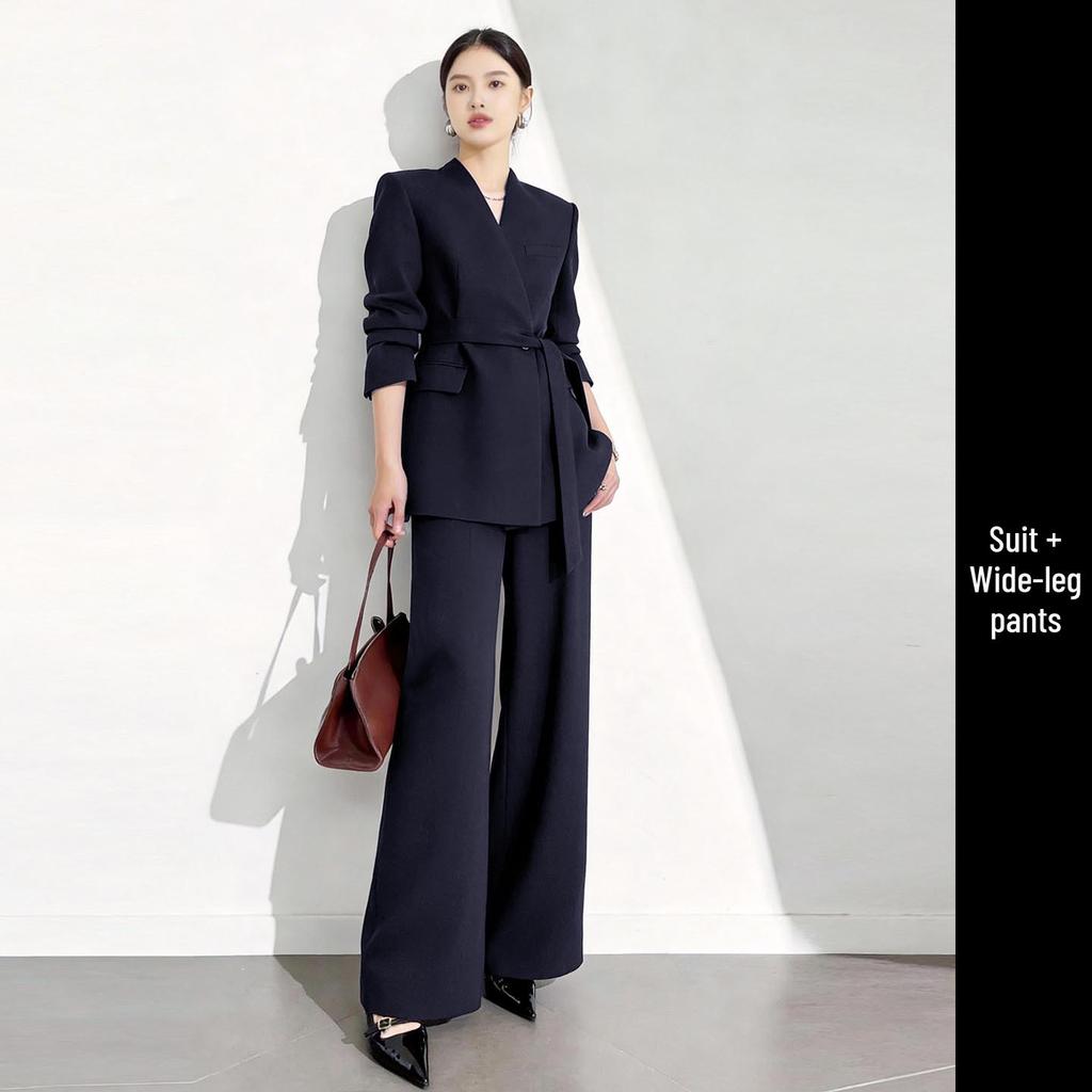 Elegant Coffee-Colored Collarless Skirt Suit for Women with Waist-Cinching Belt - Perfect for Urban Professional Style and Commuting.
