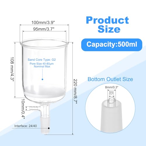 PATIKIL Buchner Funnel, 500ml, Borosilicate Glass with Fine Filter Plate (G2), 24/40 Standard Taper, Internal Joint, Clear, Laboratory Use, 95mm Inner
