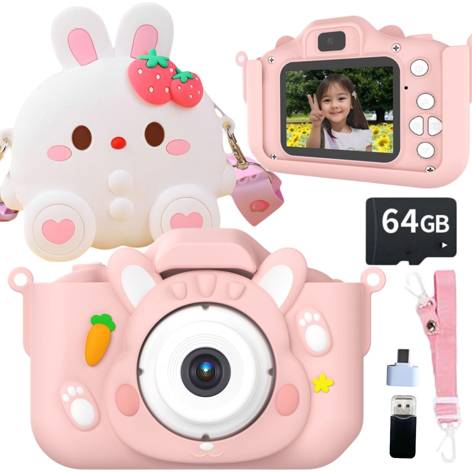 

Детская камера-игрушка Popoma Rabbit с 64 ГБ ОЗУ и 48 МП 1080P, японская инструкция, игра, рождественский подарок, с розовым чехлом, HD, руководство, функции, для девочек, розовый