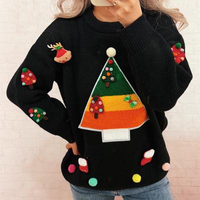 Damen Modischer Langarm Weihnachts-Pullover Rundhals Lässiger Sweater Top