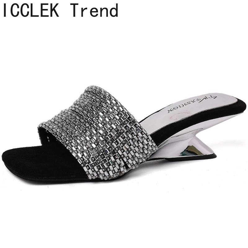 Designer Summer Strange Style Women Slippers Fashion Crystal Square Toe Slide Ladies Party Dress Sandalias