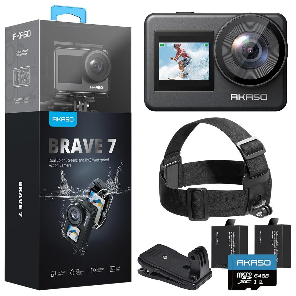 Action Camera AKASO Brave7 4K Wearable IPX8 Waterproof Underwater Image Sports Action Quick Voice External Microphone 1350mAh Backpack Clip Headband