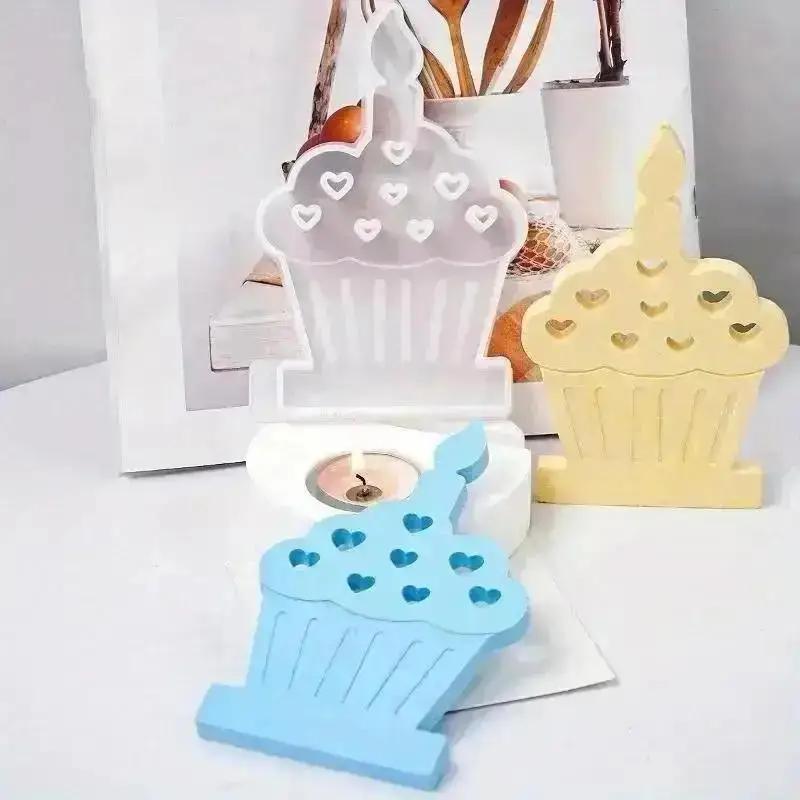 DIY Cake Tea Light Gypsum Craft Gifts Making Home Brithday Decor Candle Holder Silicone Mold Heart Cake Candlestick Resin