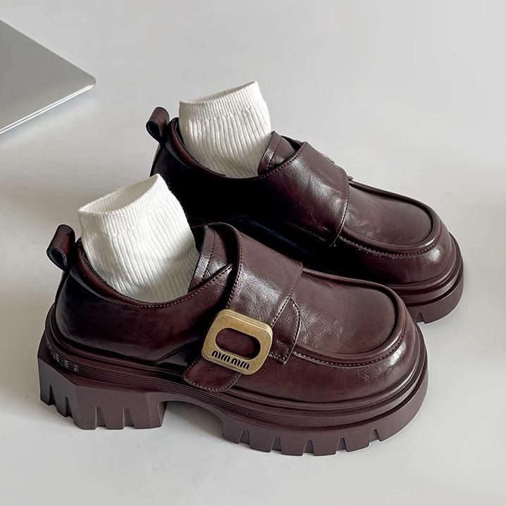 Black Retro British Style Thick Heel Platform Small Leather Shoes Women's 2025 New Autumn and Winter Skirt French Heightening Single Shoes