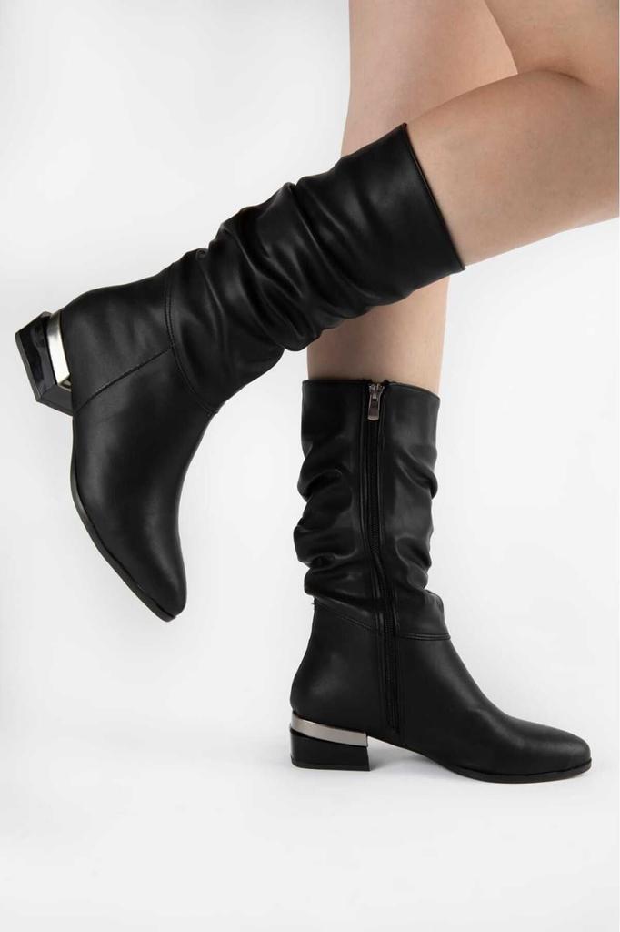 Women's Modern Stylish Fashion Boots Faux Leather Suede Boots Shirred Heel Metal Detail