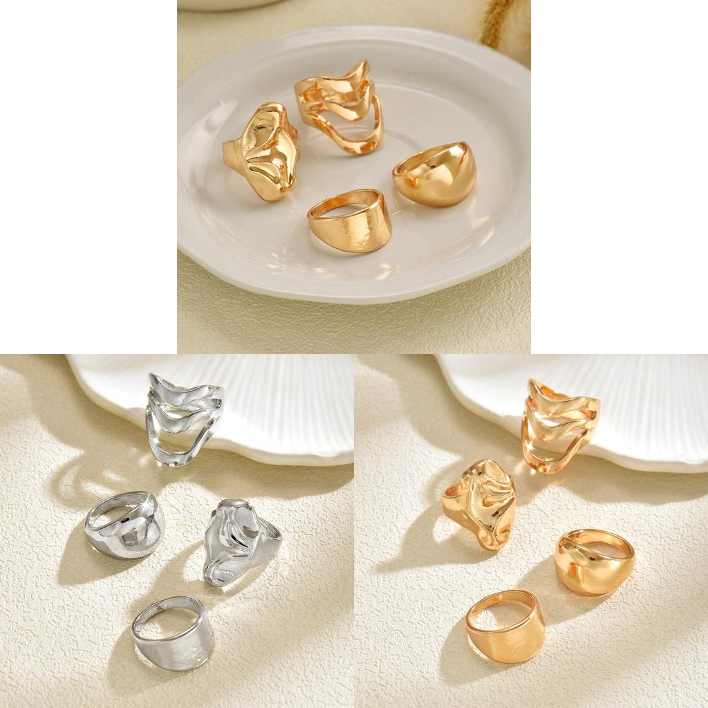 Vintage Geometric Zinc Alloy Ring Set With Fluid Lava Lines For Women Autumn