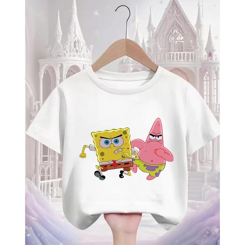 Street SpongeBob SquarePants Casual T Shirt 3-14Y Boys Girls Summer Cute Kawaii Fashion Hot Cartoon Crew Neck Kids