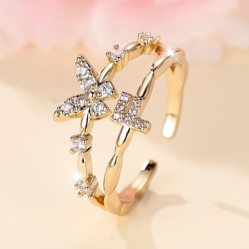 

Двухслойные циркониевые бабочки 26 букв открытые кольца для женщин золотого цвета регулируемое кольцо палец ювелирные изделия свадебный подарок F золотой