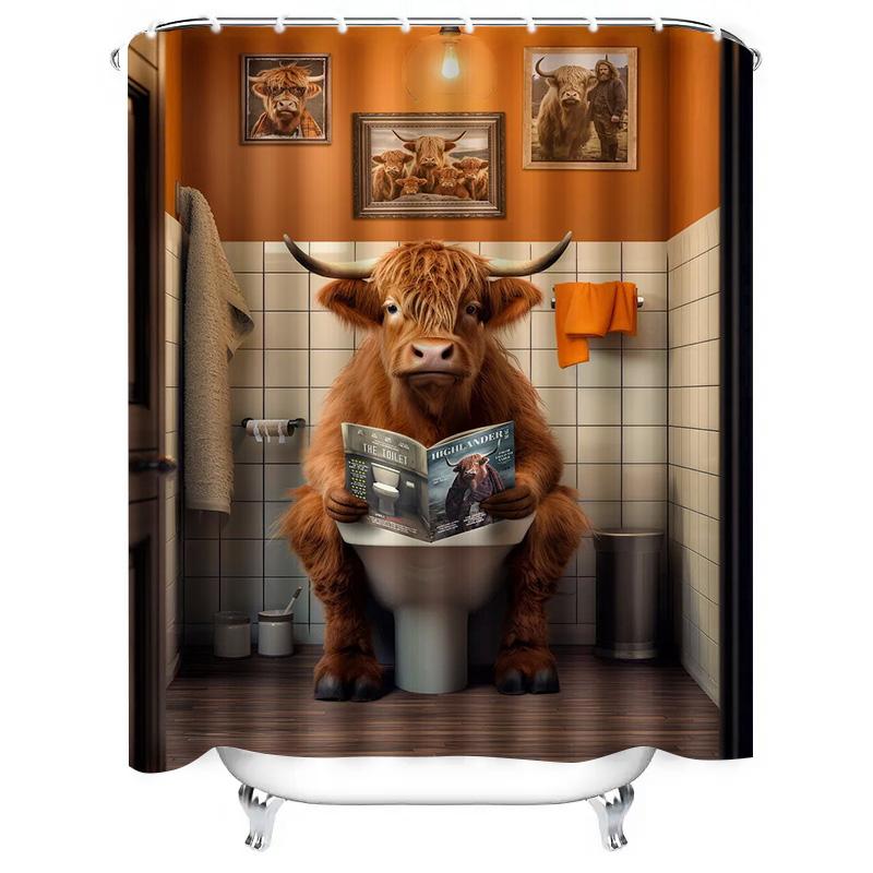Whimsical Bathroom Shower Curtain Featuring a Humorous Highland Cow Reading Magazine In Quirky Bathroom Setting Orange Decor the