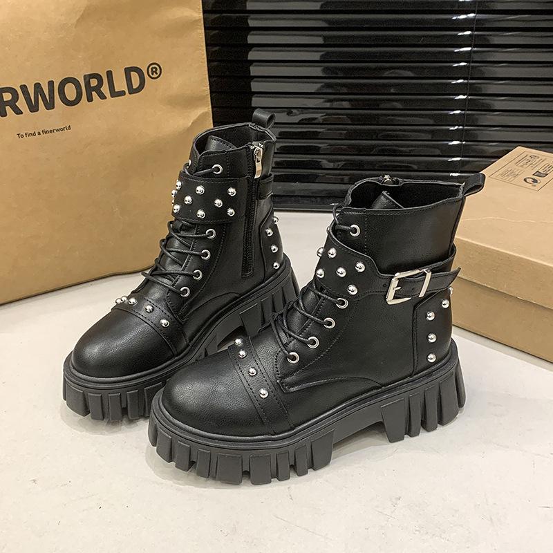 Women Ankle Boots 2026 Autumn Platform Belt Buckle Female Short Boots Thick Sole Lace Up Rivet Zipper Fashion Ankle Boots Botas