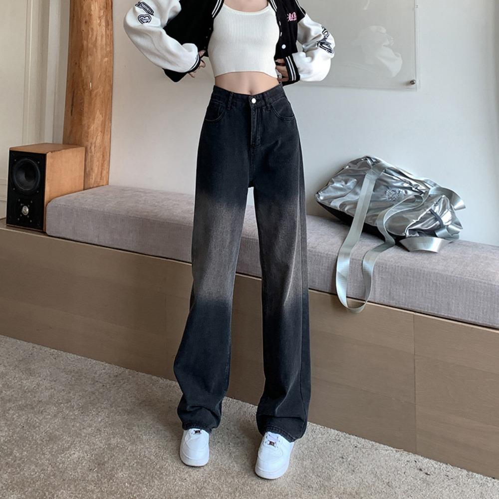 Spring and Autumn New Korean Version of Washing Water Gradual Change Straight Jeans Women's High Waist High Versatile Wide Leg Jeans