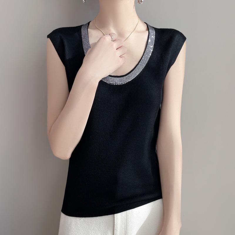 Gilet da donna primaverile nuovo in lana pettinata con scollo a U e lavorazione a rombi, ampio senza maniche, colore unito, gilet piccolo