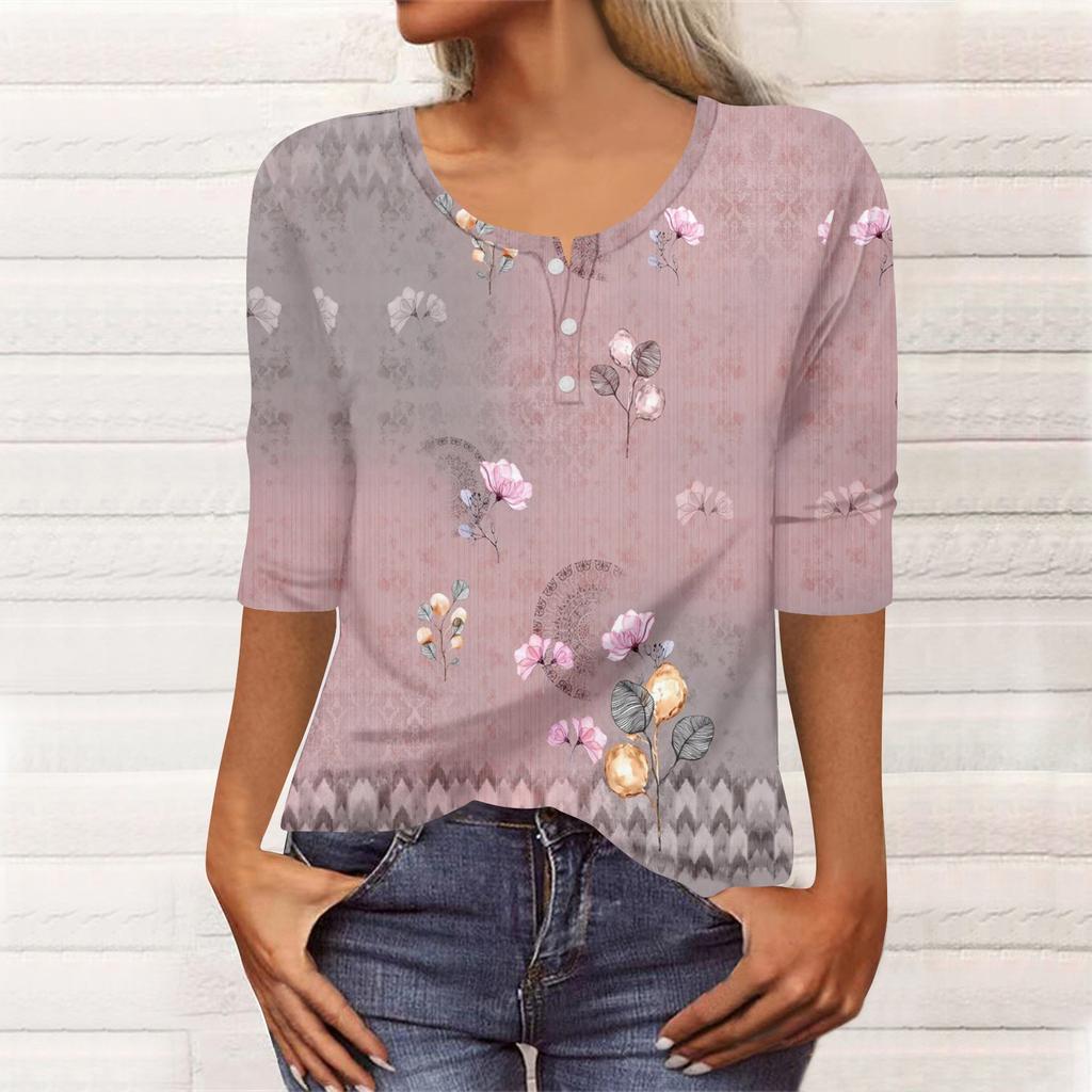 Women's Fashion Casual Long 3/4 Sleeve Flower Buttons Print U-Neck Pullover Top Blouse