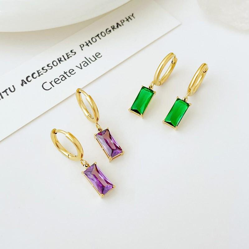 2023 New European and American Light Luxury Titanium Steel Earrings Long Square French Style Colorful Diamond Simple Temperament Earrings