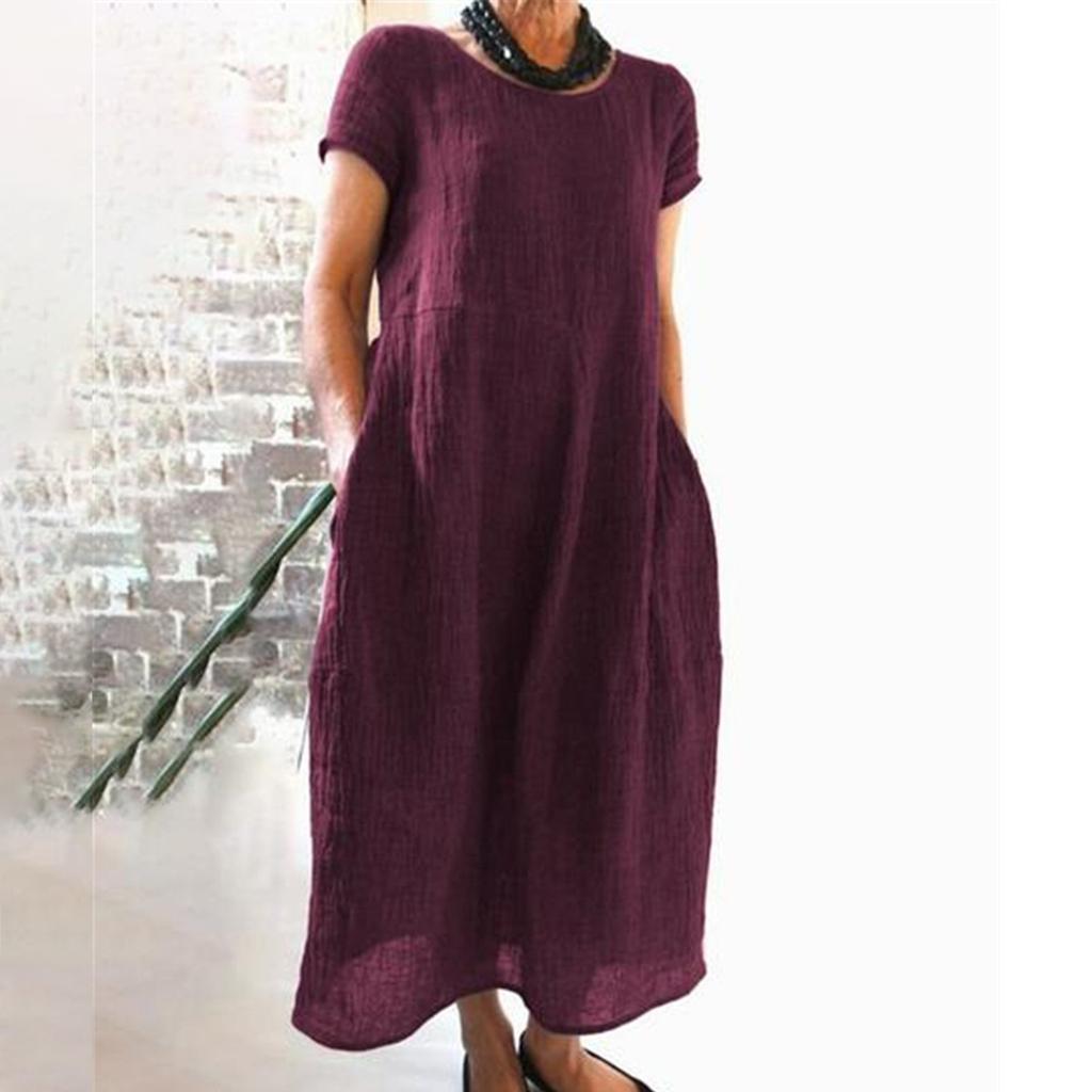 Women's Summer Fashion Casual Solid Color Short-sleeved Round Neck Pocket Loose Cotton And Linen Dress