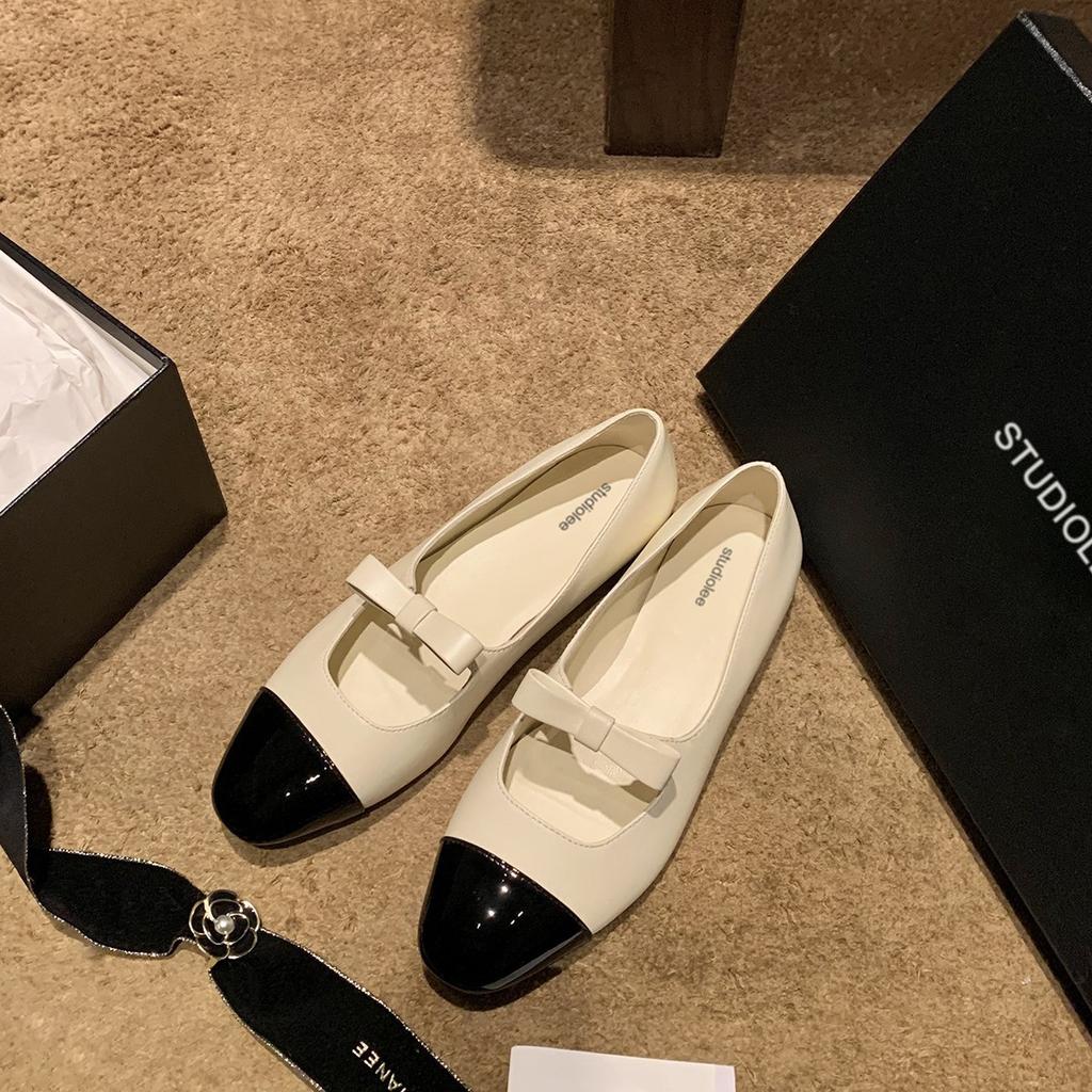 Sheepskin Version~ Leather French Bow Square Head Mary Jane Shoes Women's Autumn New Flat-bottomed Small Fragrant Ballet Shoes