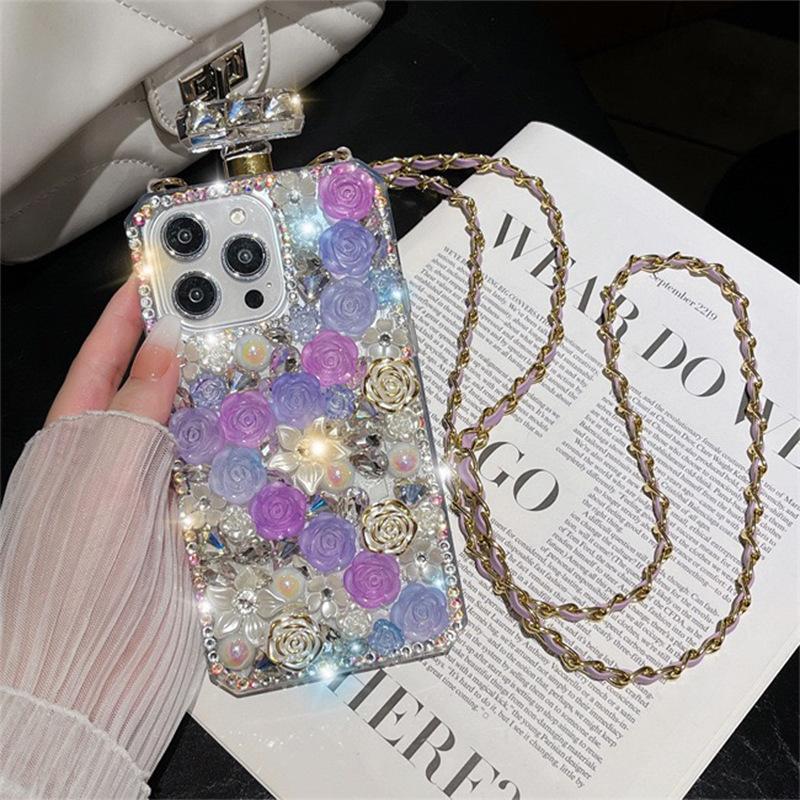 For Apple 16pro Perfume Bottle Phone Case Rhinestone Rose for IPhone17 Crossbody Full Diamond 14 Luxury