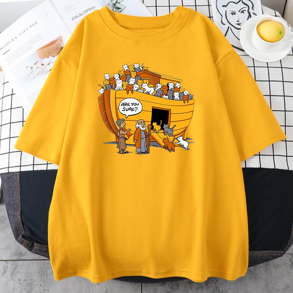 Cartoons Style Noah's Ark Cat Print Womens Tshirts Simple Oversize T-Shirts Fashion Loose Tops Soft Breathable T-Shirt for Women