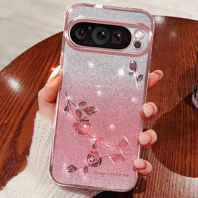 KADEM For Google Pixel 9 Pro XL Flower Design Glitter Mobile Phone Case TPU Cover